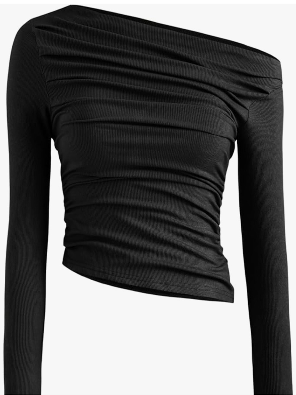 Cider Black One-Shoulder Ruched Long Sleeve Top Ribbed Asymmetrical Small